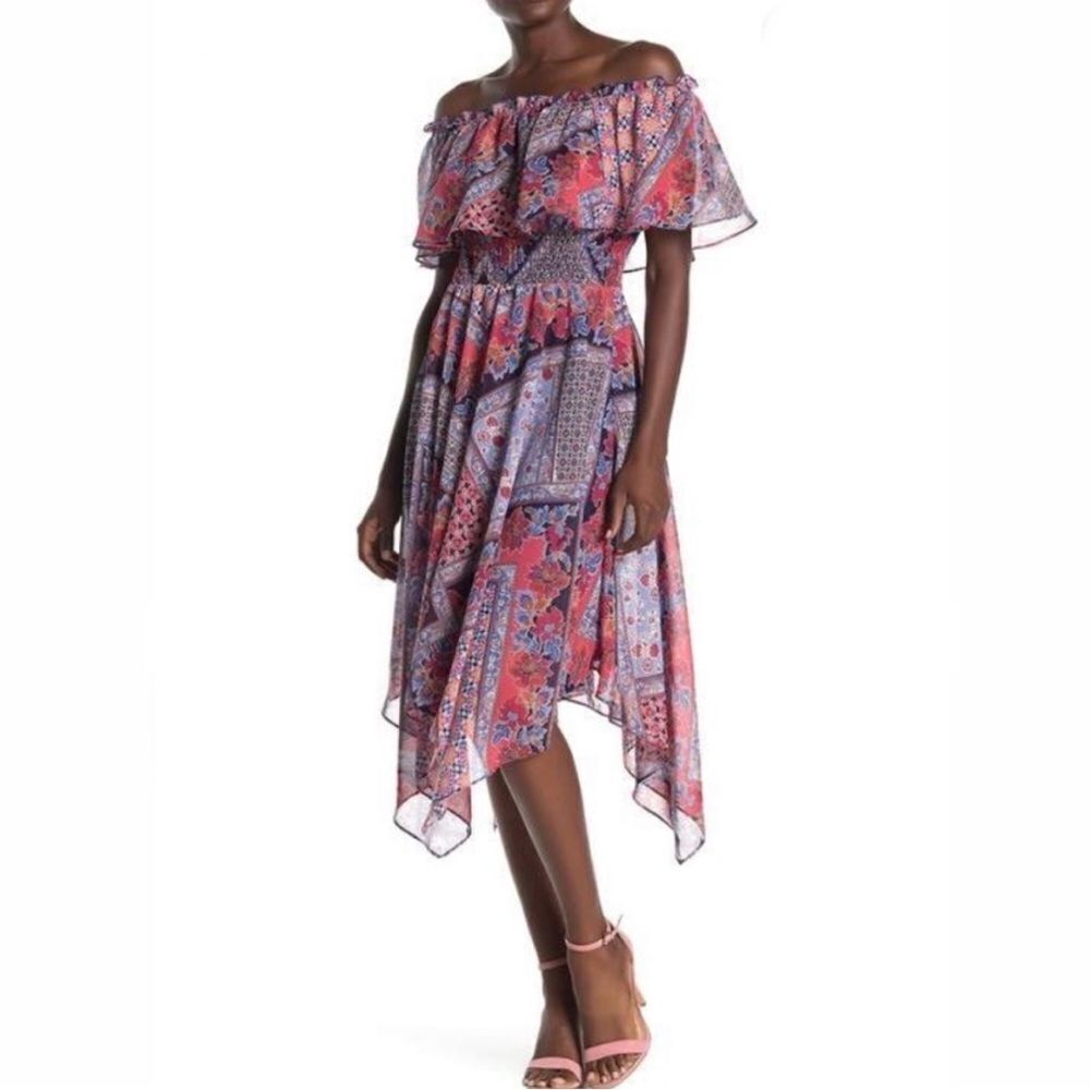 Rabbit Rabbit Rabbit Short Sleeve Fit & Flare MIDI Printed Dress Red Blue Sz 10